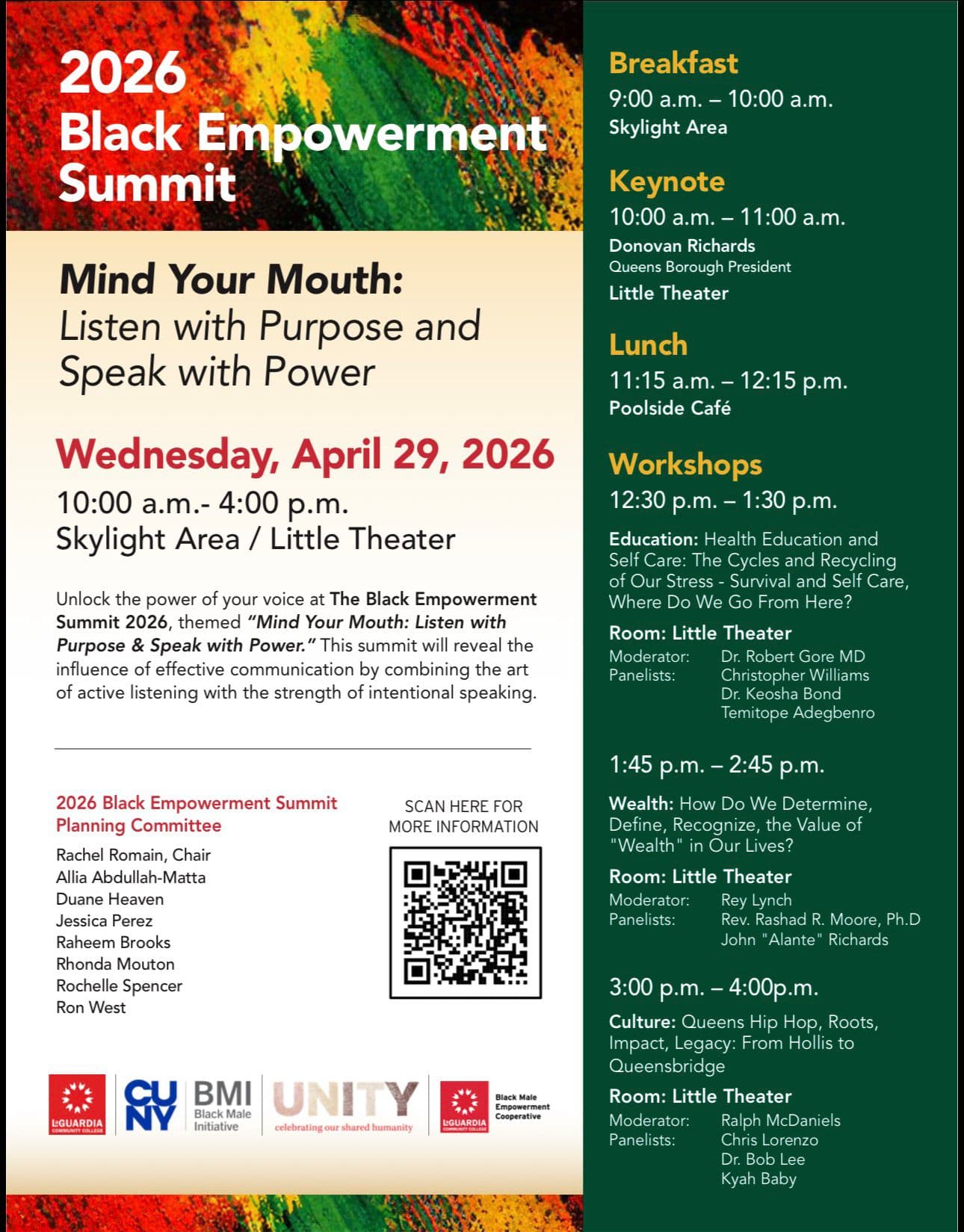 2026 Black Empowerment Summit program: Mind Your Mouth: Listen with Purpose and Speak with Power, Wednesday April 29 2026 at LaGuardia Community College.