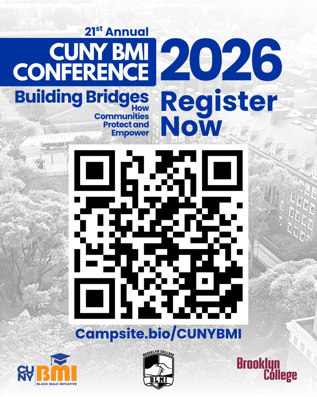 21st Annual CUNY BMI Conference 2026 registration flyer, Building Bridges: How Communities Protect and Empower, with a QR code that links to campsite.bio/CUNYBMI.